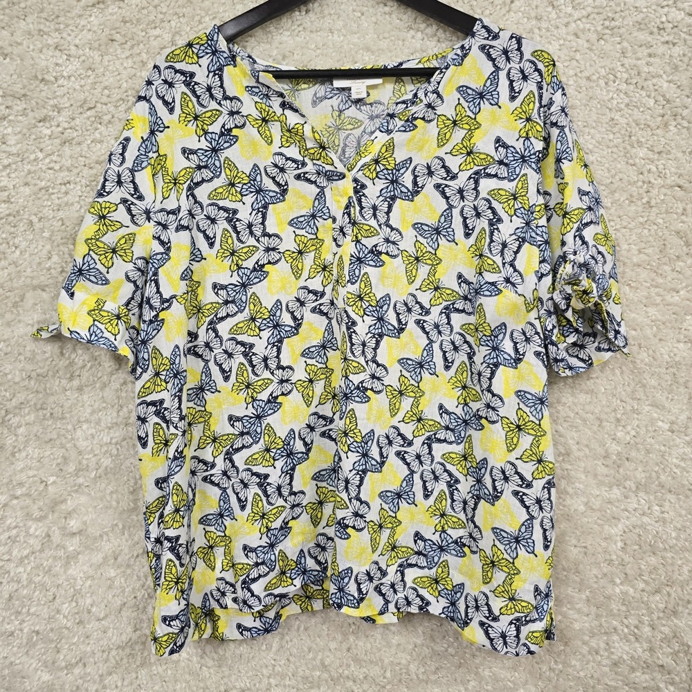 Charter Club Womens Linen Blouse Size XXL Butterfly Print Cottagecore Spring‎